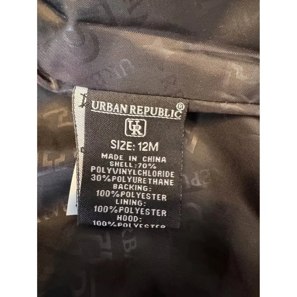 Urban Republic Black Hooded Faux Leather Jacket 12M #107